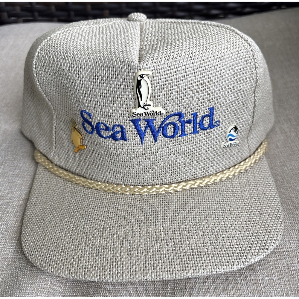 Vintage Collectors SEA WORLD Parks Woven Snapback Hat Cap Rope Foam 1980s 3 Pins